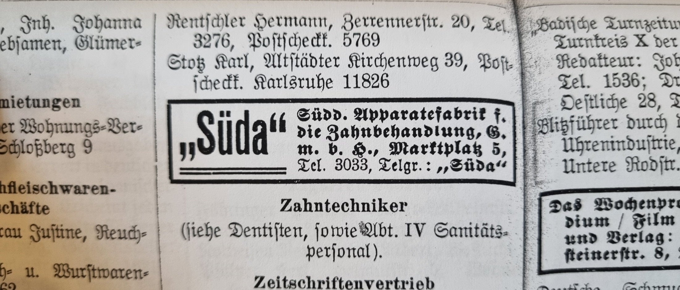 Historische SÜDA Anzeige aus dem Branchenverzeichnis zur Apparatefabrik für Zahnbehandlung